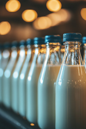 Rows of small glass bottles filled with a yellow liquid are neatly lined up on a rustic wooden table in a warm, inviting indoor environment. The soft lighting enhances the cozy atmosphere.の素材