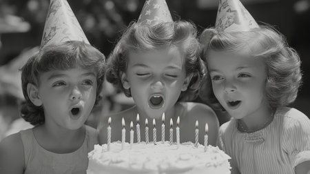 A young boy with curly hair smiles broadly at a decorated birthday cake adorned with candles. Colorful balloons and party decorations create a joyful atmosphere for the celebration.の素材