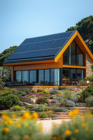 A modern residence features solar panels on the roof, surrounded by colorful flowers and lush greenery. The setting captures a bright day with clear skies, showing sustainable living.の素材