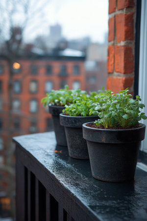 Lush greenery fills a vibrant balcony adorned with colorful flowers and a decorative rug. The urban skyline rises in the background under a blue sky with fluffy clouds.の素材