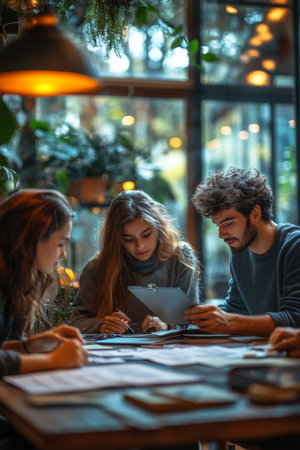 A man in a suit sits at a table in a contemporary office, carefully reviewing documents. Natural light filters through large windows, highlighting the vibrant plants around him.の素材