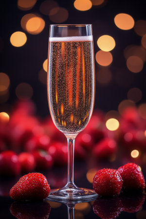 A flute glass filled with sparkling drink rests on a dark surface surrounded by fresh strawberries and glowing candles. The warm lights create a romantic atmosphere, perfect for celebrations.の素材