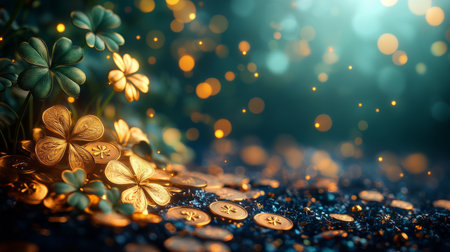 Golden coins stack high, surrounded by green clovers and scattered gold coins, setting a cheerful mood for celebrations, likely related to a cultural festival or holiday.の素材