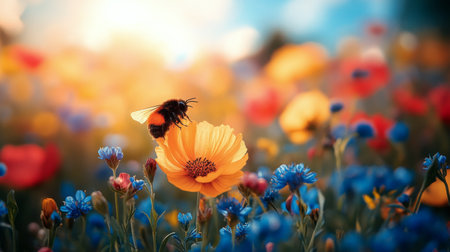 A bee hovers near a bright yellow flower in a colorful field filled with various blossoms. Soft sunlight illuminates the scene, creating a warm and vibrant atmosphere.の素材