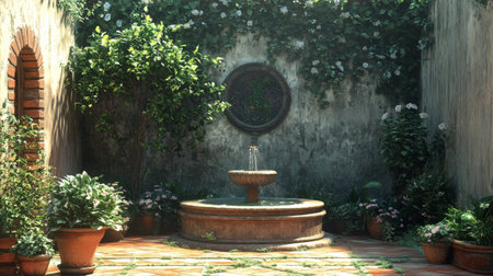A peaceful courtyard features various potted plants and vines climbing the stone walls. In the center stands a circular stone fountain, creating a tranquil ambiance in the garden.の素材
