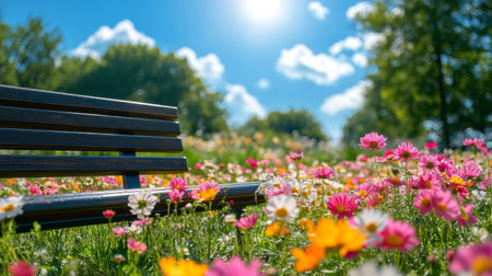 A bee hovers near a bright yellow flower in a colorful field filled with various blossoms. Soft sunlight illuminates the scene, creating a warm and vibrant atmosphere.の素材