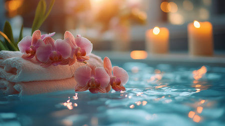Soft candlelight reflects on the calm water surface as rolled towels sit beside tranquil flowers in a serene spa setting. The warm ambiance from the sunset enhances relaxation.の素材