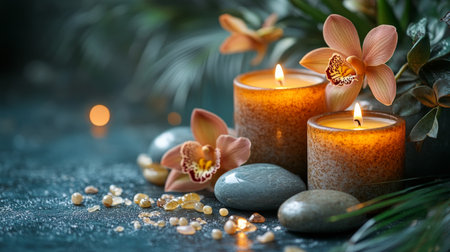 Two lit candles provide a warm glow in a tranquil arrangement featuring pink orchids and smooth stones. The peaceful atmosphere invites relaxation and mindfulness, perfect for a calming experience.の素材