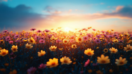 A bee hovers near a bright yellow flower in a colorful field filled with various blossoms. Soft sunlight illuminates the scene, creating a warm and vibrant atmosphere.の素材