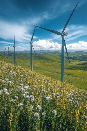 Lush green hills showcase wind turbines harnessing renewable energy under a clear sky. Morning mist adds an ethereal touch to this sustainable landscape, promoting eco friendly practices.の素材