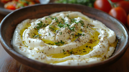 A vibrant plate features two poached eggs surrounded by creamy yogurt, adorned with fresh herbs and colorful cherry tomatoes. The cozy kitchen atmosphere complements the meal.の素材