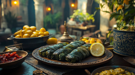 A close up view of stuffed grape leaves, neatly arranged in a blue bowl, topped with vibrant lemon slices, highlighting the dishs texture and colors. Perfect for a Mediterranean feast.の素材