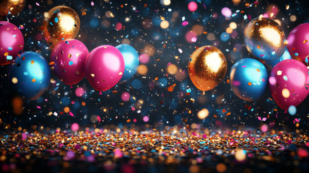 Beautifully arranged balloons in pink, blue, and gold float amidst a shower of shiny confetti. The vibrant colors and sparkles suggest a joyful celebration or party setting.の素材