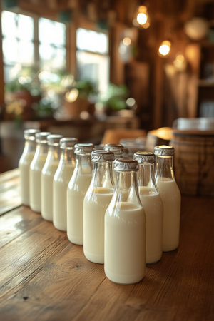 Rows of small glass bottles filled with a yellow liquid are neatly lined up on a rustic wooden table in a warm, inviting indoor environment. The soft lighting enhances the cozy atmosphere.の素材