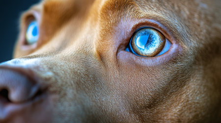The captivating gaze of a brown dog reveals brilliant blue eyes. The intricate details highlight its expressions, evoking a sense of loyalty and playful curiosity.の素材