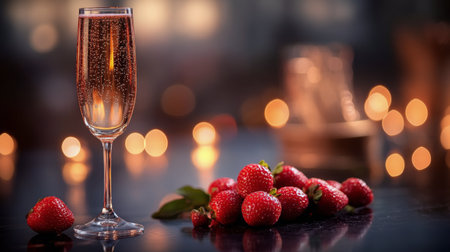 A tall glass filled with sparkling drink showcases effervescent bubbles next to fresh strawberries. The background features soft, warm bokeh lights creating a festive atmosphere.の素材