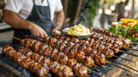 Skewers of marinated meat are sizzling over an open flame, surrounded by warm bread and fresh salad. The vibrant colors and aroma create a festive atmosphere for the gathering.の素材