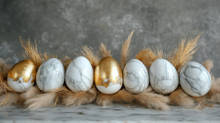Arranged on a soft, textured surface, elegant decorative eggs feature marble patterns and gold accents, creating a festive atmosphere for a spring celebration or holiday gathering.の素材