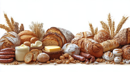 A variety of freshly baked breads are displayed alongside butter, sausages, and grains on a wooden surface.の素材
