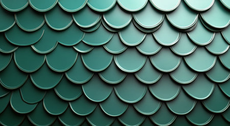 Shiny green ceramic tiles are arranged in an overlapping pattern on a wall, creating a visually appealing design. The tiles vary in size and shape, contributing to the texture.の素材