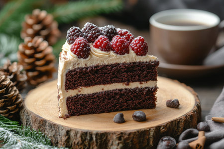 A rich chocolate cake slice is garnished with fresh raspberries and powdered sugar, resting on a wooden platter next to a cup of coffee and pinecones, evoking a cozy atmosphere.の素材