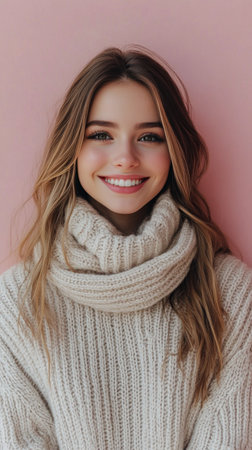 A girl dressed in warm knitted pink attire smiles cheerfully against a soft pink background. Her cozy scarf and hat complement her joyful expression, embodying winter comfort.の素材