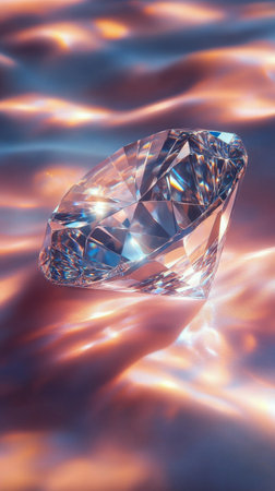 A diamond shaped crystal sits on a smooth surface, catching sunlight and casting colorful reflections. The interplay of light creates vivid patterns, enhancing the beauty of the crystal.の素材