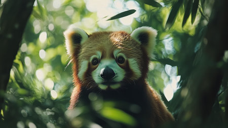 A red panda relaxes amid vibrant green leaves, showing its distinct fur and curious expression. The animal is nestled in the branches of a tree, surrounded by nature.の素材