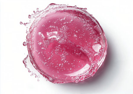 This bright pink gel fills a transparent glass container, showing casing bubbles rising to the surface.の素材