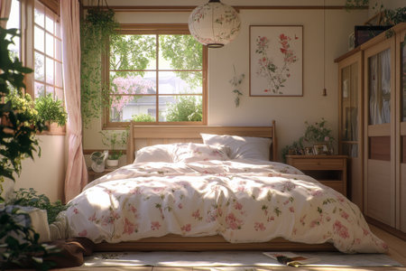 The bright, airy bedroom features a cozy bed adorned with floral lines. Sunlight streams through the large window, illuminating the room filled with plants and soft furnishings.の素材