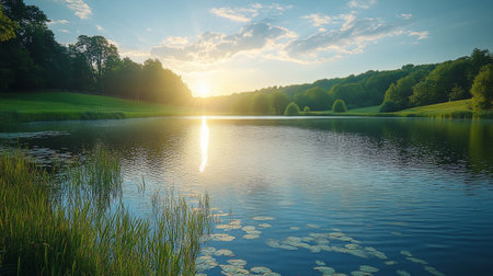 A serene lake surrounded by vibrant green fields mirrors fluffy white clouds in a clear blue sky. The peaceful scenery evokes a sense of calm and natural beauty.の素材