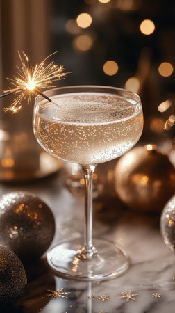 A clear glass filled with sparkling water sits on a table adorned with golden holiday ornaments. Warm golden lights twinkle softly in the background, creating a festive atmosphere.の素材