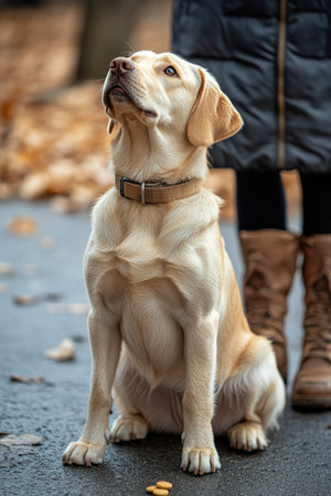 A young labrador puppy sits attentively on a sidewalk, gazing up at a person holding a treat. The setting is modern and urban, with sunlight highlighting the scene.の素材