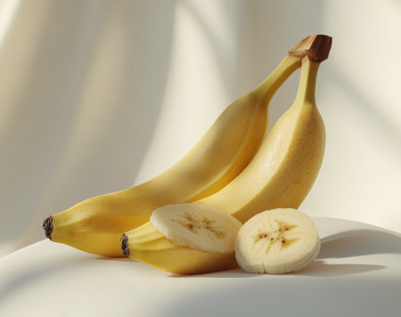 Three ripe yellow bananas sit on a soft surface, with one banana sliced open to reveal its creamy interior. The setting is bright and inviting, showing their freshness.の素材