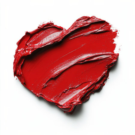 A vibrant heart shaped object crafted from thick, textured red paint is displayed against a clean white background. The bold colors and unique textures create a striking visual appeal.の素材