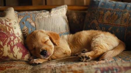 A small, fluffy puppy rests on a gray couch, with its head lowered. The warm sunlight highlights the puppies golden fur and gentle expression, creating a cozy atmosphere.の素材