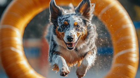 A playful dog with striking markings and blue eyes is joyfully sprinting through a bright orange agility tunnel. The vibrant leaves create a colorful backdrop in a wooded area.の素材