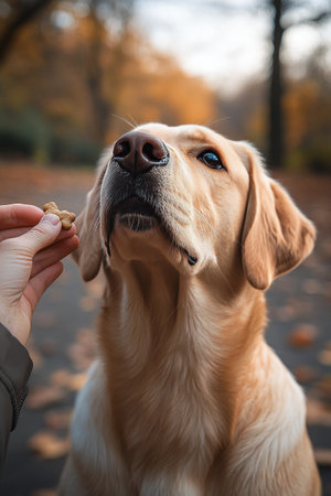 A young labrador puppy sits attentively on a sidewalk, gazing up at a person holding a treat. The setting is modern and urban, with sunlight highlighting the scene.の素材