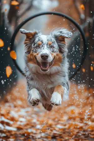 A dog leaps through a hoop in a park filled with fallen autumn leaves. The cheerful expression highlights the playful moment amidst a scenic backdrop of trees.の素材