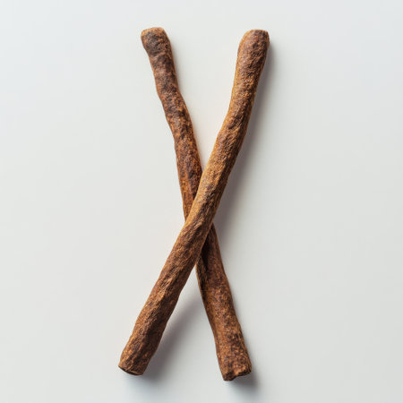 Cinnamon sticks are shown suspended in mid air, surrounded by a cloud of finely ground cinnamon. The arrangement highlights their rich brown color and textured surface.の素材