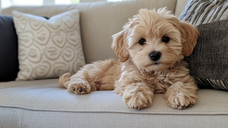 A small, fluffy puppy rests on a gray couch, with its head lowered. The warm sunlight highlights the puppies golden fur and gentle expression, creating a cozy atmosphere.の素材