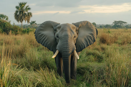 This powerful elephant stands proudly, displaying its massive ears and long tusks. The intricate details of its skin emphasize its grandeur and strength, creating a captivating presence.の素材