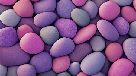 Smooth stones in shades of purple and blue are arranged closely together against a plain backdrop, creating a vibrant mosaic effect. The stones vary in size and shape, adding texture to the visual.の素材