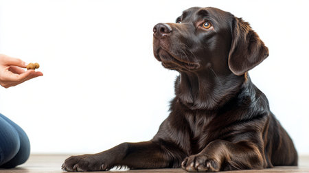 A young Labrador puppy looks up attentively as it participates in training outdoors. The soft sunlight illuminates its golden fur while it focuses on its owner.の素材