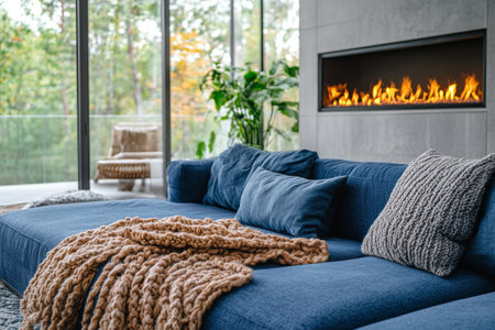 A bright living room features a comfortable blue sofa adorned with pillows and a warm blanket. A cozy fireplace provides light and warmth, while plants add a refreshing touch.の素材