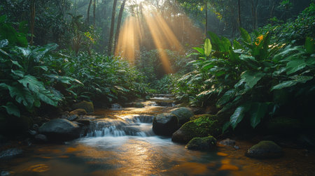 A serene river meanders through a dense rainforest, sunlight filtering through the trees. Vibrant foliage and gently ripping water create a tranquil atmosphere in this natural setting.の素材