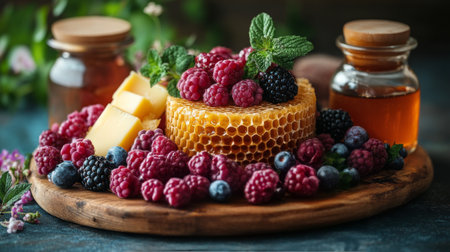 A beautiful assortment of fresh raspberries, blueberries, and blackberries is displayed on a wooden platter alongside honeycomb and a jar of honey. This arrangement is perfect for a nutritious snack.の素材