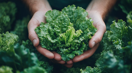 Hands gently cradle a head of lettuce, surrounded by lush green foliage. The setting reflects a tranquil garden atmosphere, showing the beauty of fresh produce.の素材
