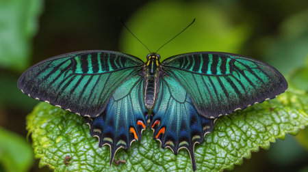 This vibrant butterfly displays striking blue, yellow, and orange patterns as it rests on a green leaf in a tropical garden, showing natures beauty during daylight hours.の素材