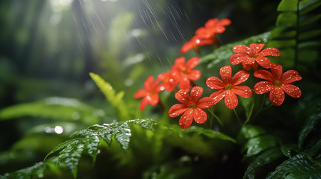Delicate pink flowers thrive in a vibrant tropical forest as warm sunlight shines through the dense foliage, illuminating the scene and creating a serene and enchanting atmosphere.の素材